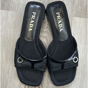 Prada Slide Sandals Womens EU Size 38 US 8 Made In Italy Black Heel Slippers